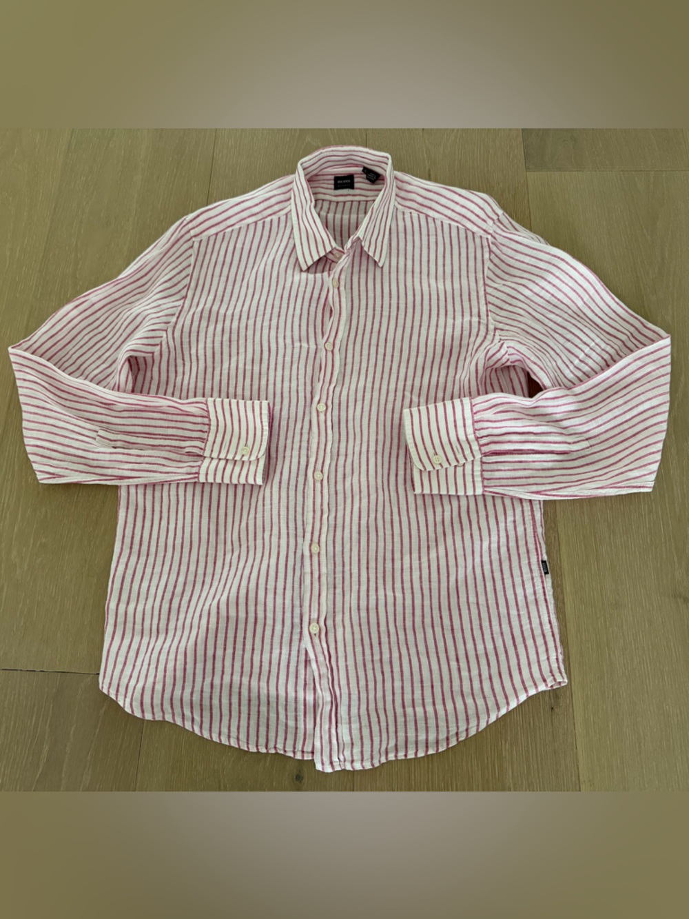 Boss crisp linen preppy shirt with subtle pink and white stripes